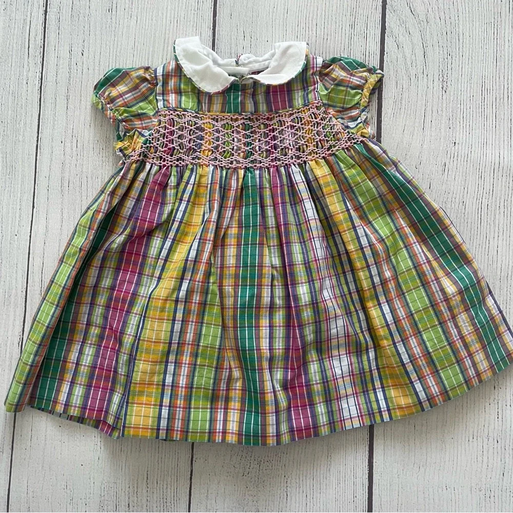 Ralph Lauren Pink & Green Smocked Collared Dress Size 6 months